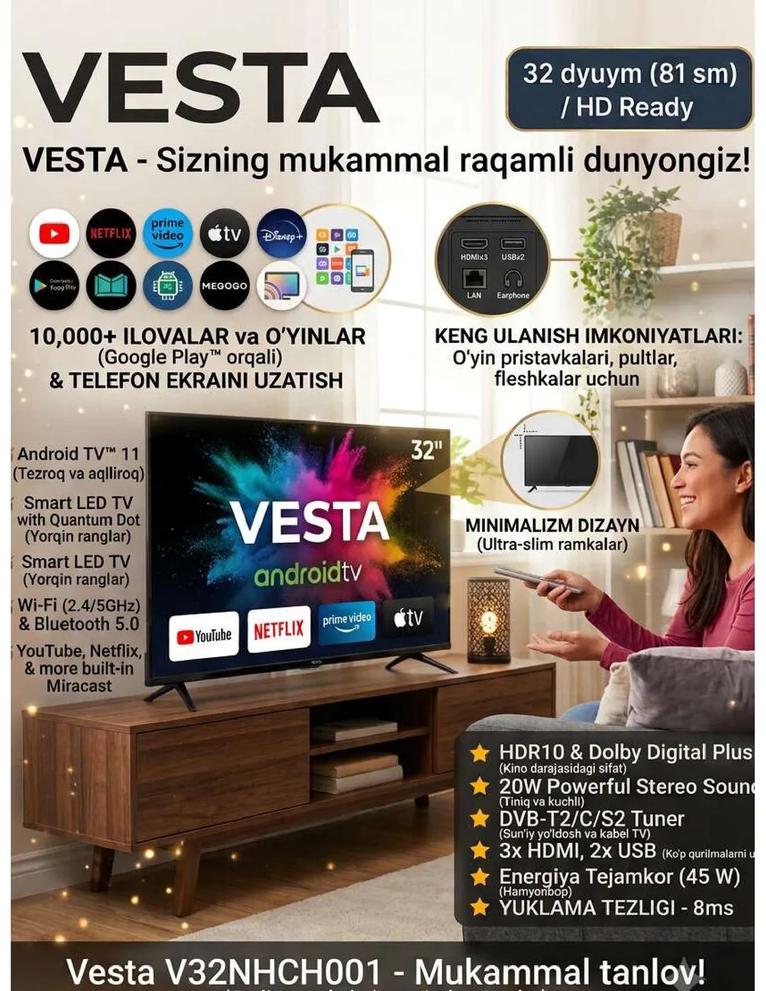 Smart televizor Vesta A32NHCH001 Smart, Qora