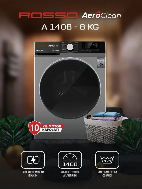 Kir yuvish mashinasi Rosso AeroClean A1408 GR 8 kg Inverter, kulrang