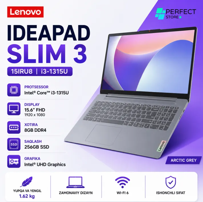 Noutbuk Lenovo IDEAPAD SLIM 3 15IRU8 / I3-1315U / 8 GB / SSD 256 GB / 15,6", Arctic Grey