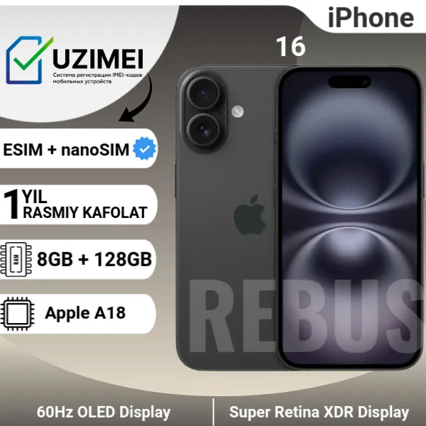 Smartfon Apple iPhone 16 128 GB (nanoSim eSIM), qora