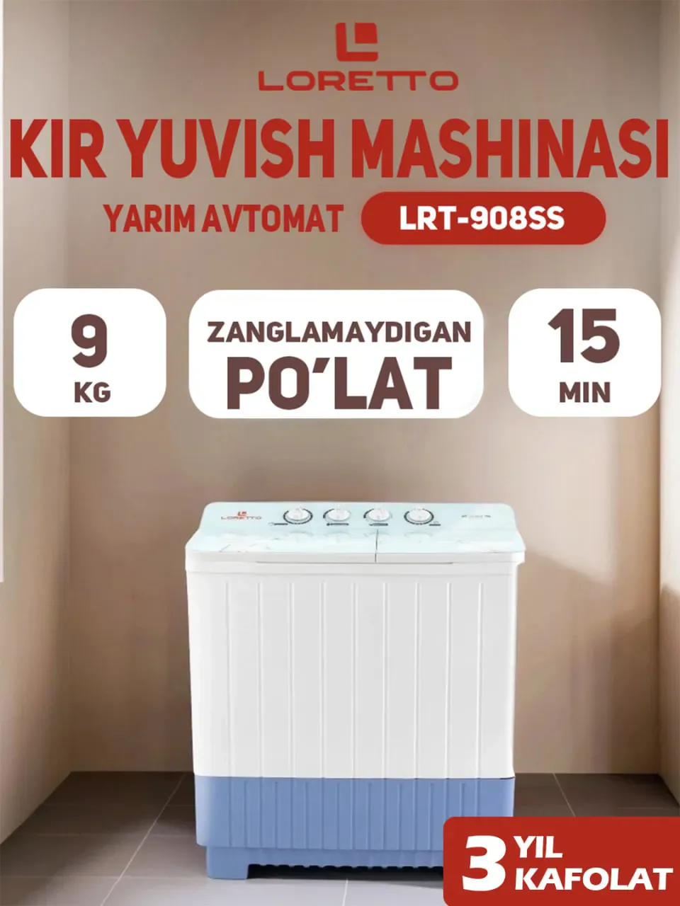 Kir yuvish mashinasi Loretto LRT-908SS, oq
