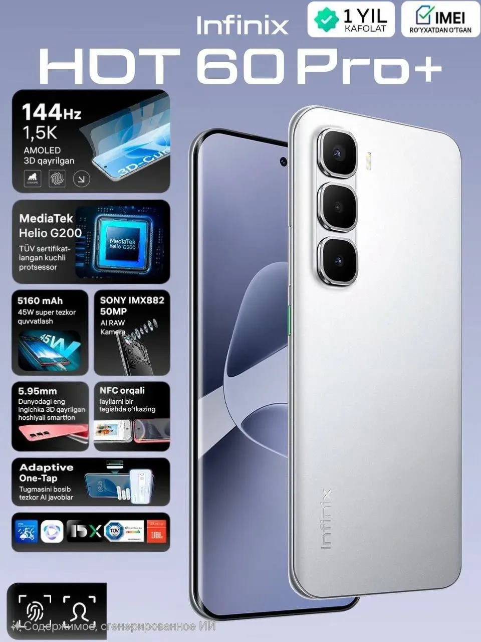 Smartfon Infinix HOT 60 Pro Plus 8/256 GB, kulrang