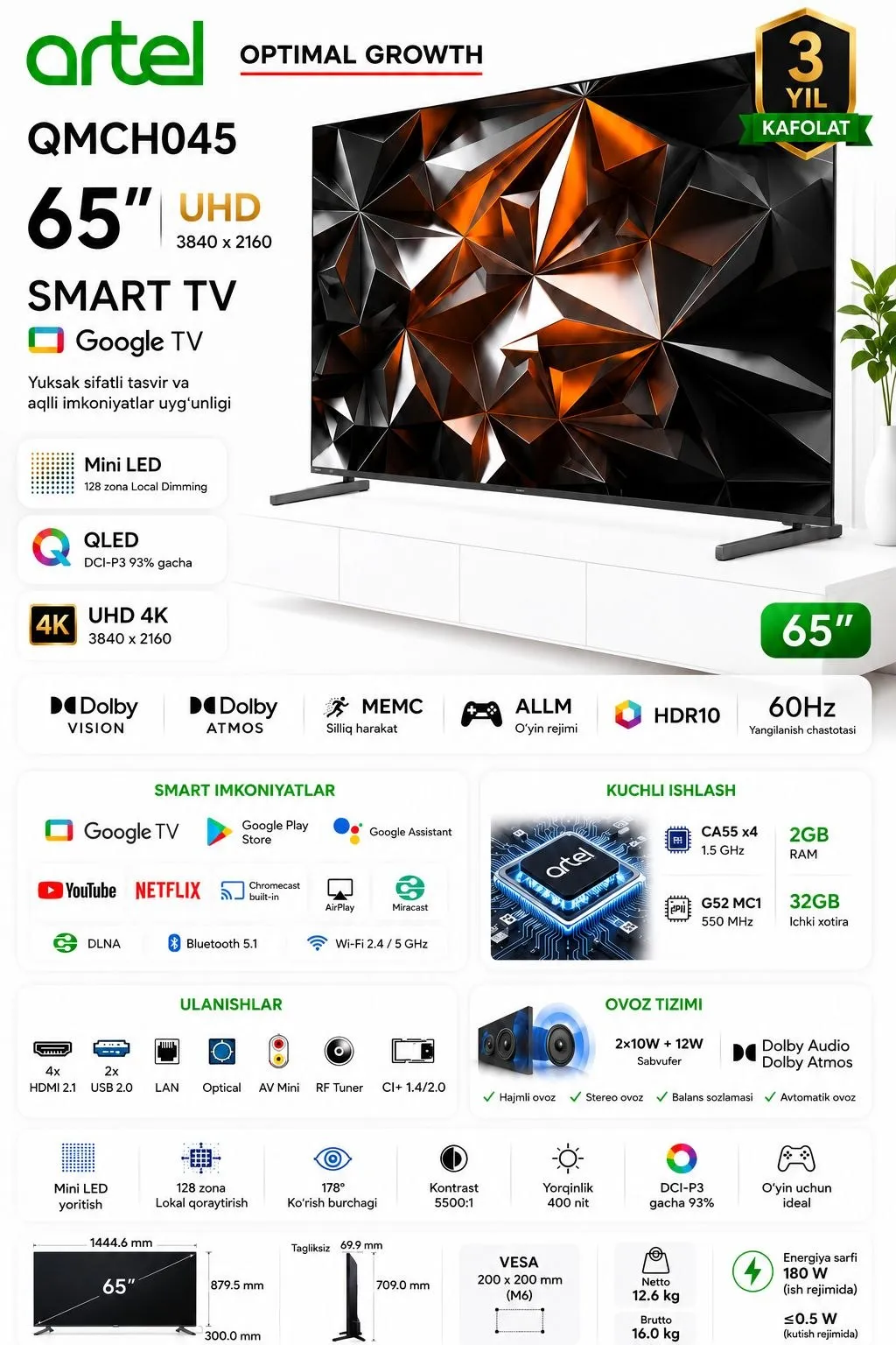 Televizor Artel 65QMCH045 Smart 65", Qora