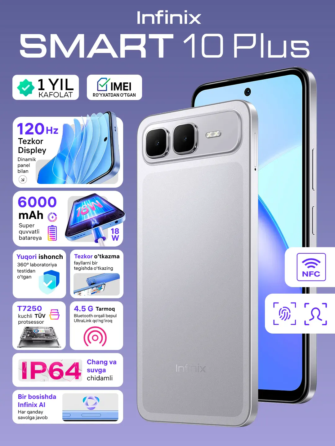 Smartfon Infinix SMART 10 Plus 4/128 GB, Titanium Silver